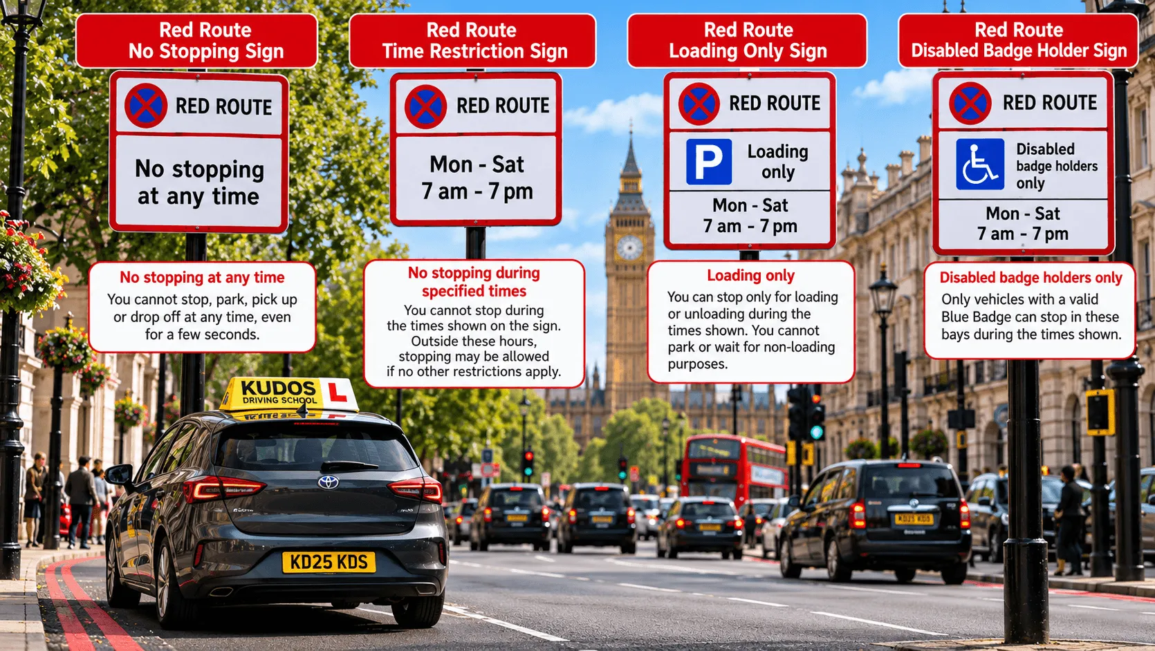 Common UK red route signs showing no stopping, time restrictions, loading and disabled badge bays