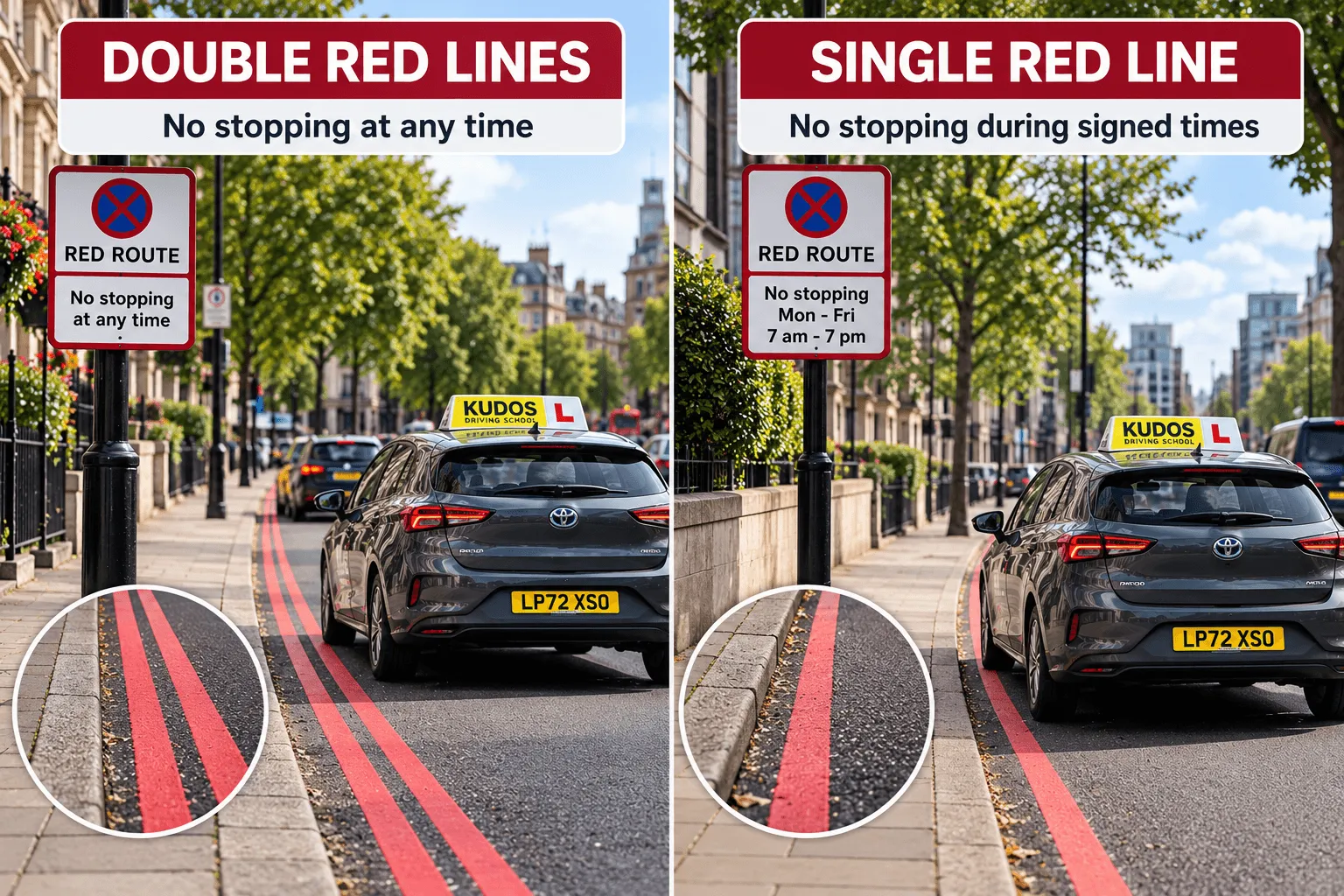 Double and single red lines on UK red routes with signs explaining stopping restrictions
